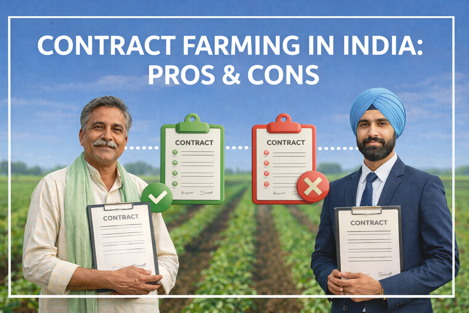 Understand the advantages and risks of contract farming in India, including income stability, pricing control, and legal aspects.